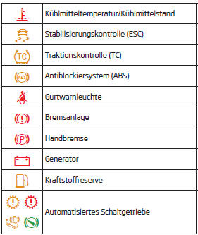 Skoda Citigo. Kontrollleuchten im Kombi-Instrument