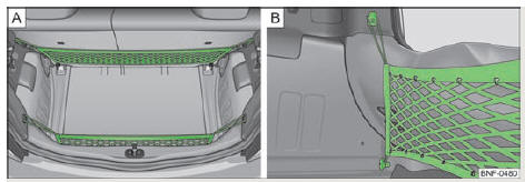 Skoda Citigo. Abb. 39 Befestigungsnetze / Detail der Befestigung im hinteren Bereich des Gepäckraums