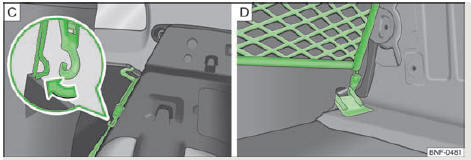 Skoda Citigo. Abb. 40 Befestigungsnetze: Detail der Befestigung hinter den Rücksitzen