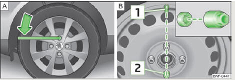 Skoda Citigo. Abb. 108 Radwechsel: Radschrauben lösen / Einbauort der Anti-Diebstahl- Radschraube