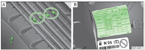 Skoda Citigo. Abb. 103 Reifenprofil mit Verschleißanzeigern / Geöffnete Tankklappe mit einer Tabelle der Reifengrößen und -fülldruckwerte