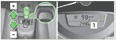 Skoda Citigo. Abb. 73 Wählhebel: manuelles Schalten / Kombi-Instrument: eingelegter Gang