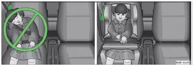 Skoda Citigo. Abb. 87 Ein falsch gesichertes Kind in falscher Sitzposition - gefährdet durch den Seitenairbag / Ein mit einem Kindersitz richtig gesichertes Kind