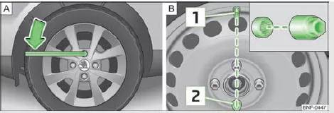 Skoda Citigo. Abb. 108 Radwechsel: Radschrauben lösen / Einbauort der Anti-Diebstahl- Radschraube